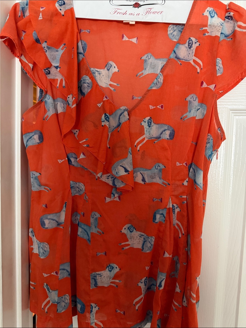 Meadow Rue Orange Blouse with Blue and White Dog Print